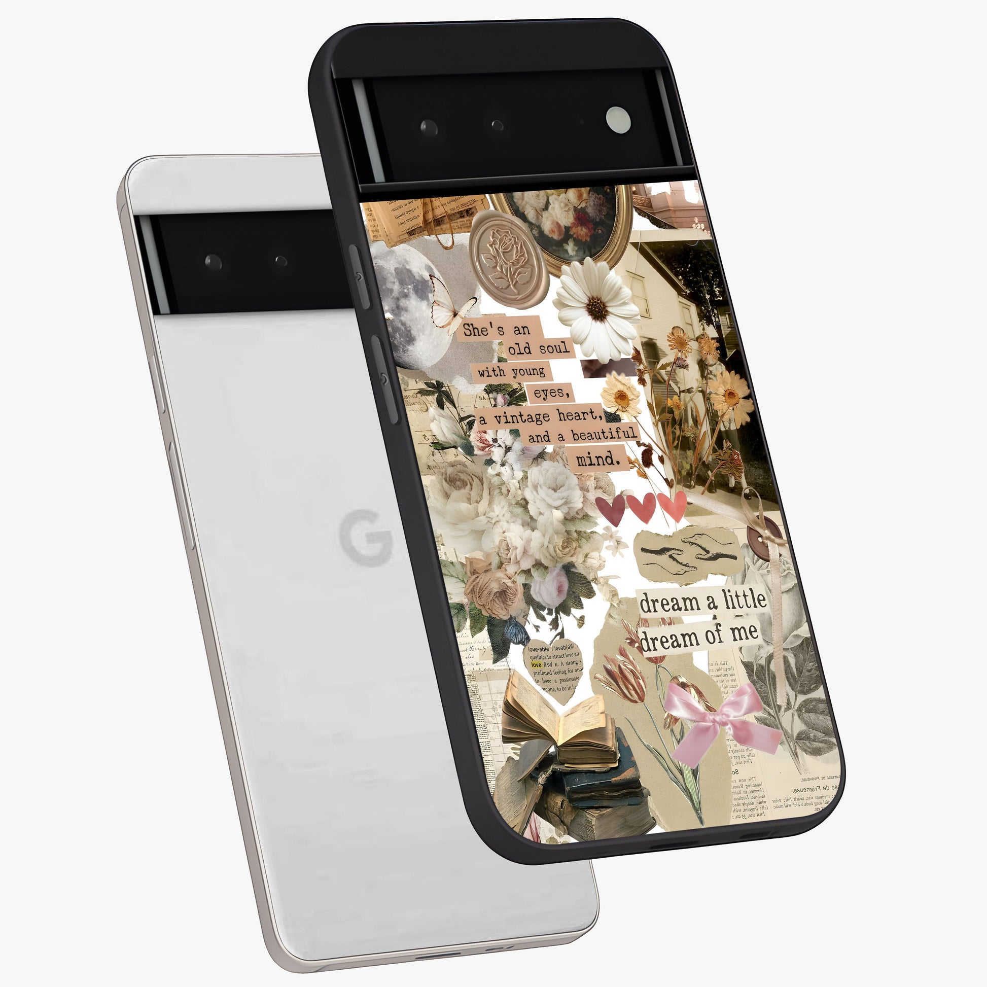 Aesthetic Brown Vintage Collage Glass Case displayed in angled mockup highlighting vintage aesthetic collage design.