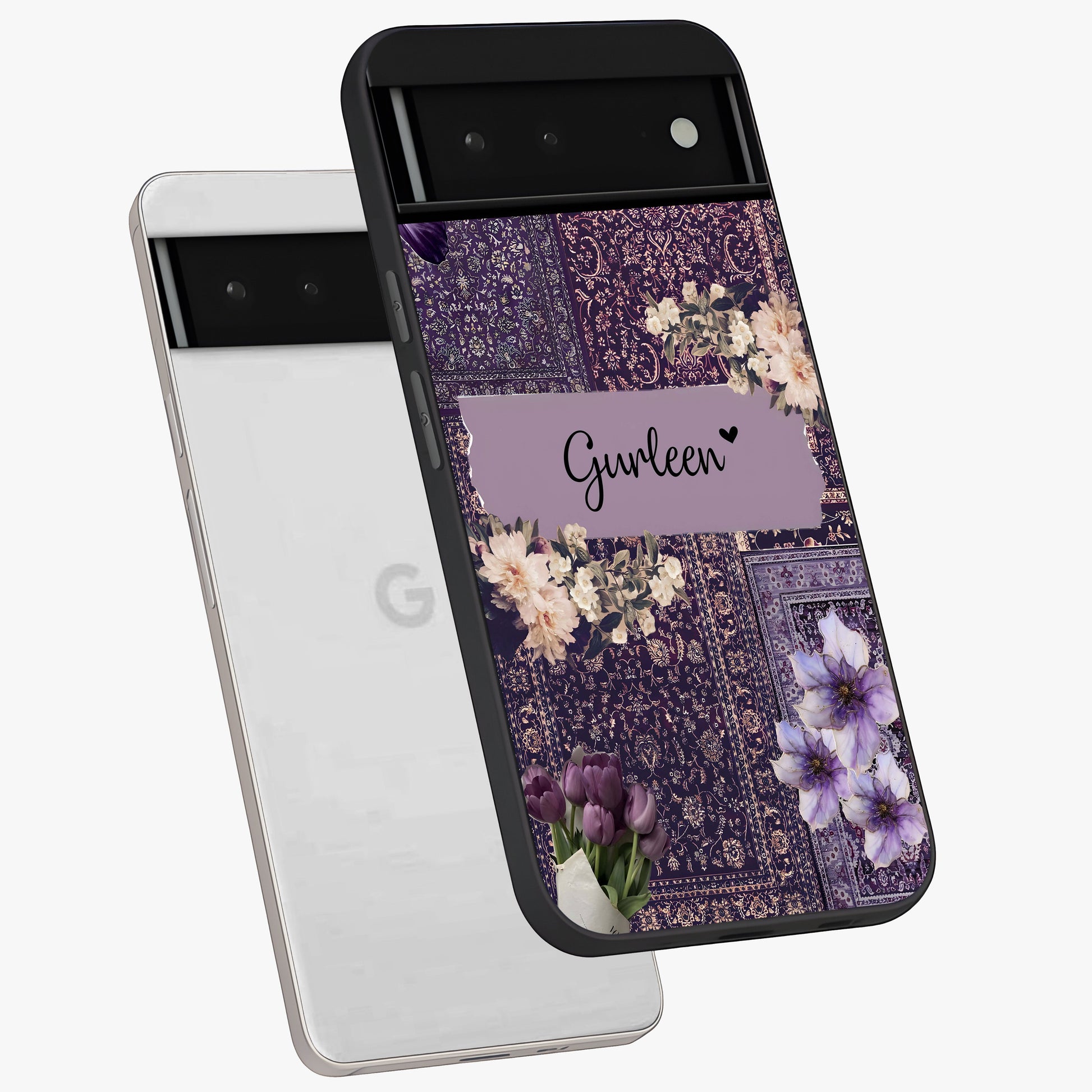 Antique Floral Whisper Custom Name Glass Case displayed in angled mockup highlighting elegant antique floral aesthetic.