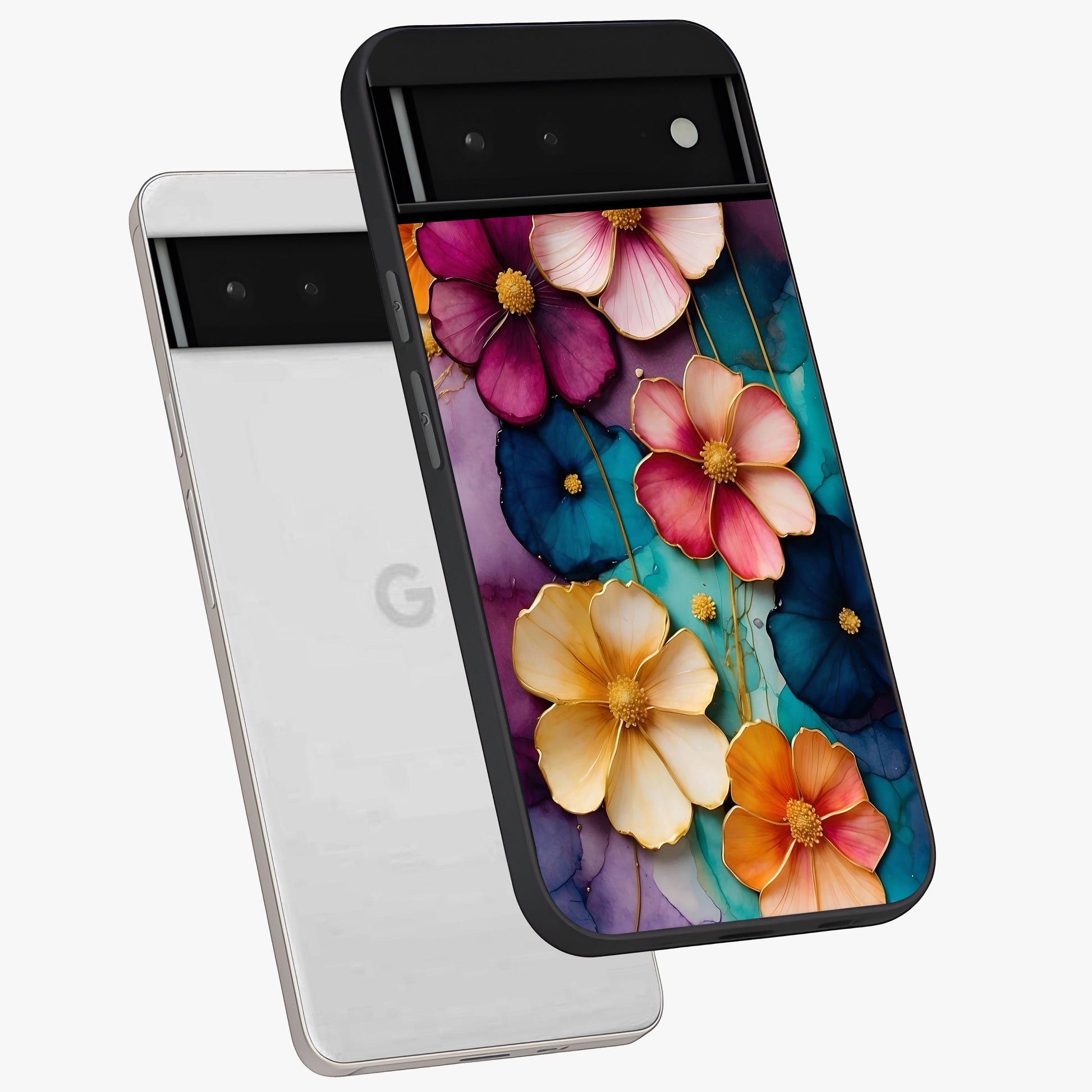 Artlyn Grace Flower Pattern Glass Case displayed in angled mockup highlighting delicate flower pattern design and smooth glass surface.