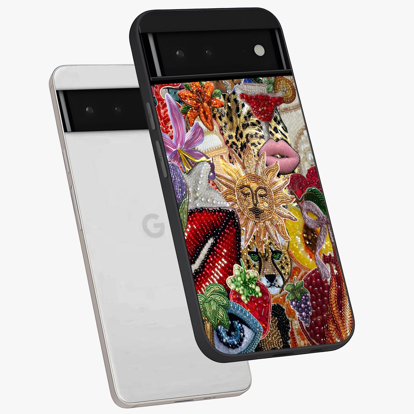 Beaded Fashion Jungle Glass Case displayed in angled mockup highlighting colorful fashion bead design and artistic pattern.