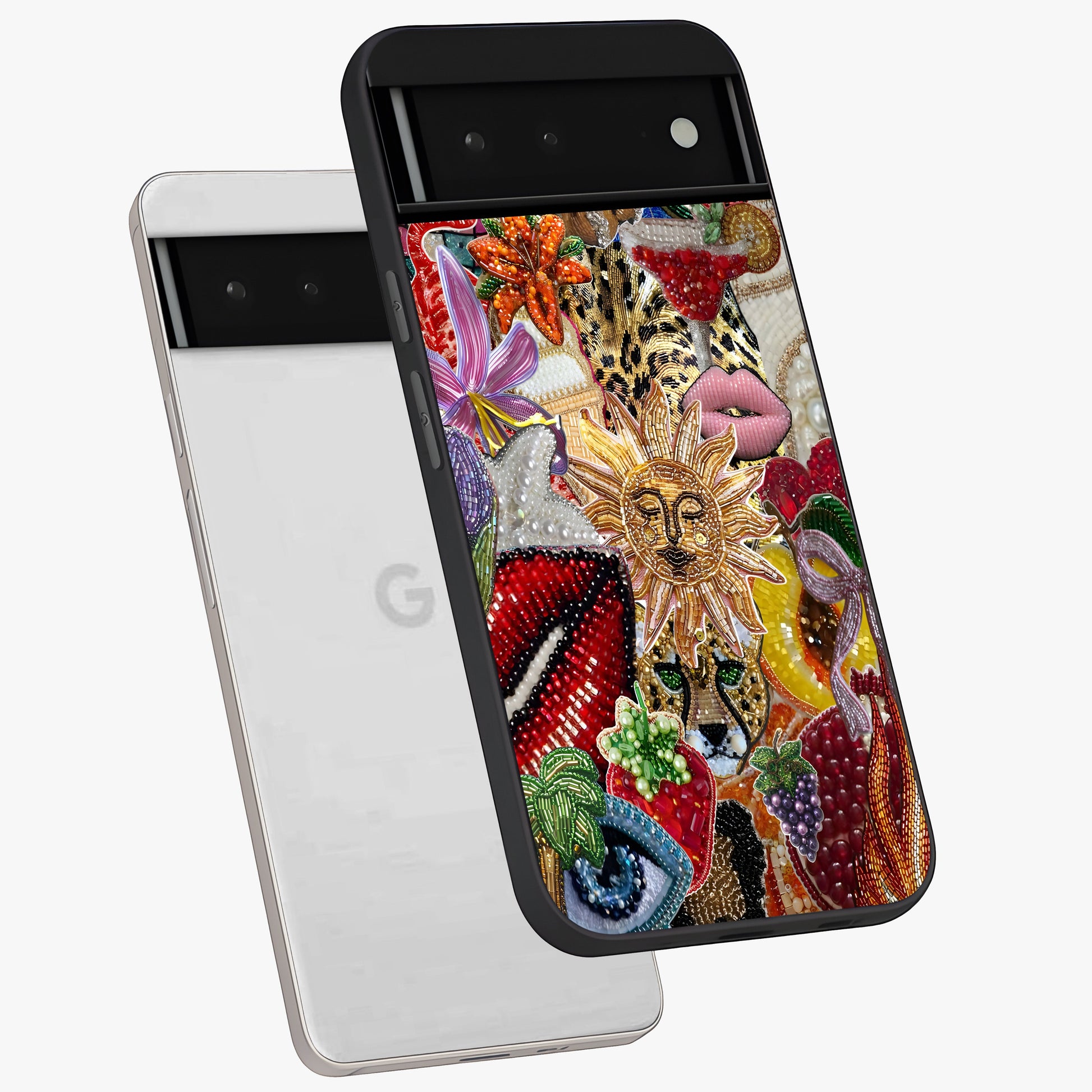 Beaded Fashion Jungle Glass Case displayed in angled mockup highlighting colorful fashion bead design and artistic pattern.