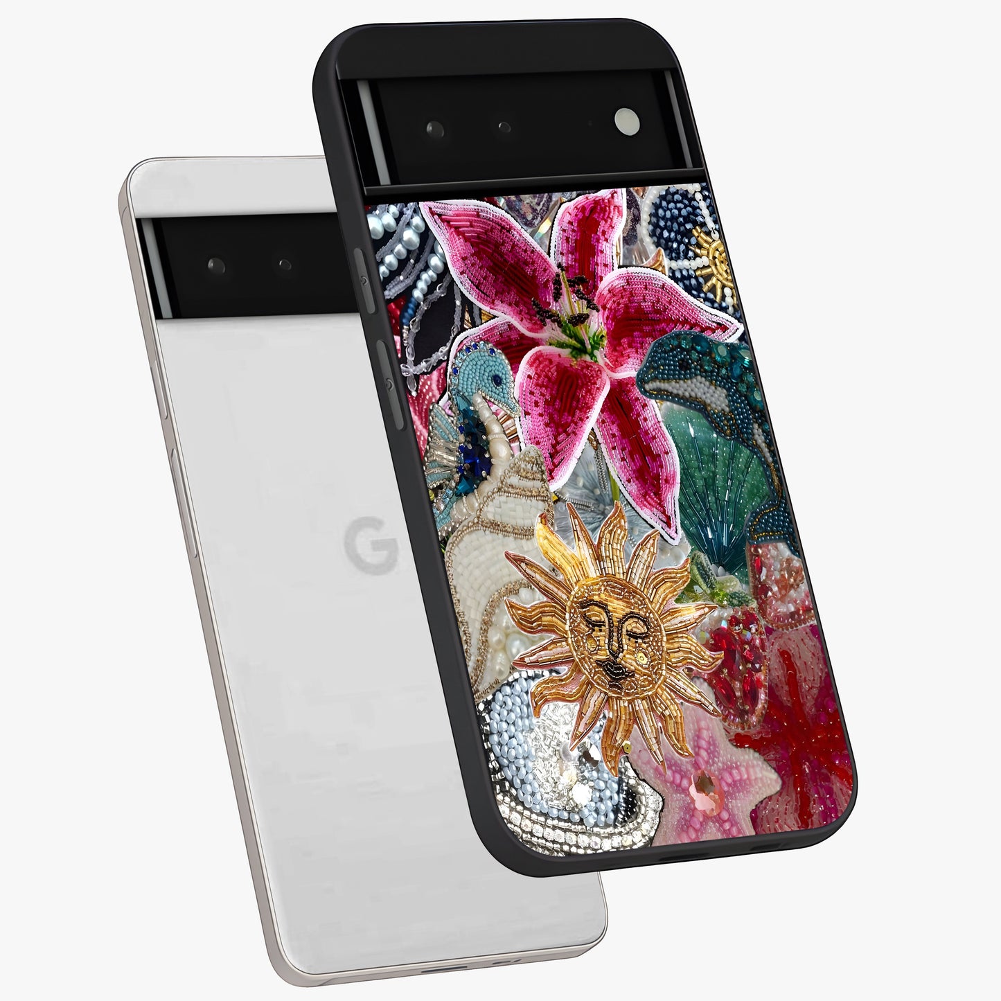 Beaded Garden Fantasy Glass Case displayed in angled mockup highlighting fantasy inspired floral bead pattern.