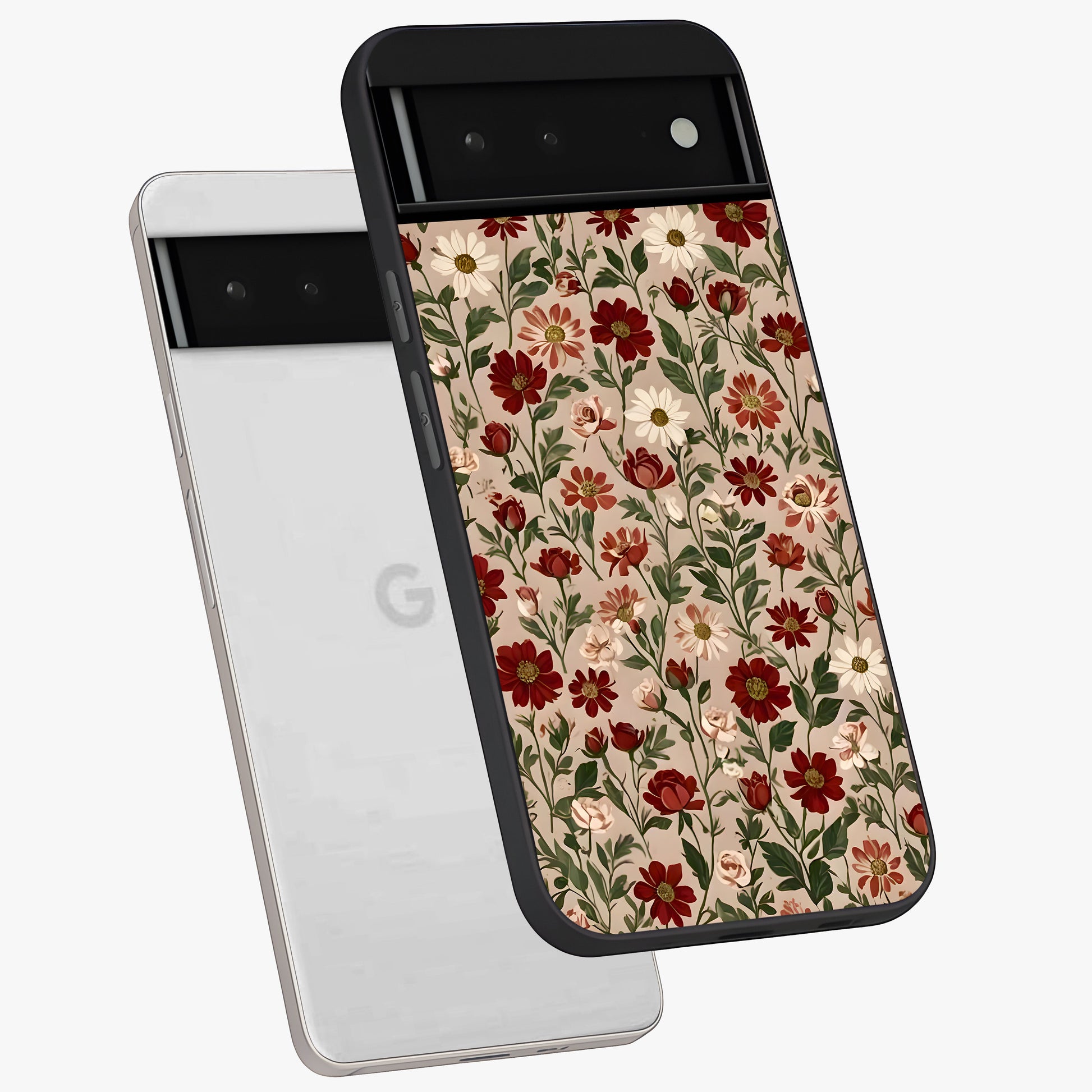 Biege Flower With Leaf Glass Case displayed in angled mockup highlighting minimal floral leaf design and elegant aesthetic.