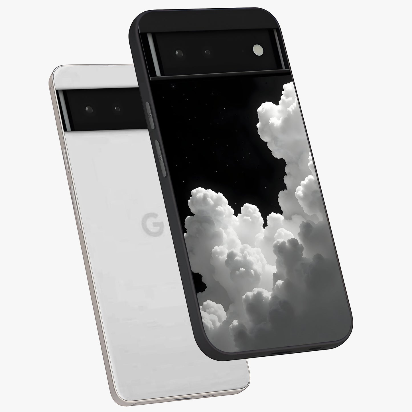 Black Background With White Cloud Glass Case displayed in angled mockup highlighting soft white cloud illustration and minimal design.
