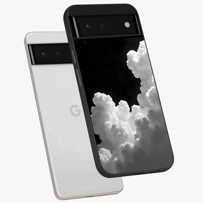 Black Background With White Cloud Glass Case displayed in angled mockup highlighting soft white cloud illustration and minimal design.
