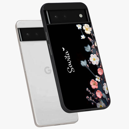 Black Elegance Floral Custom Name Glass Case displayed in angled mockup highlighting dark floral aesthetic and custom name feature.