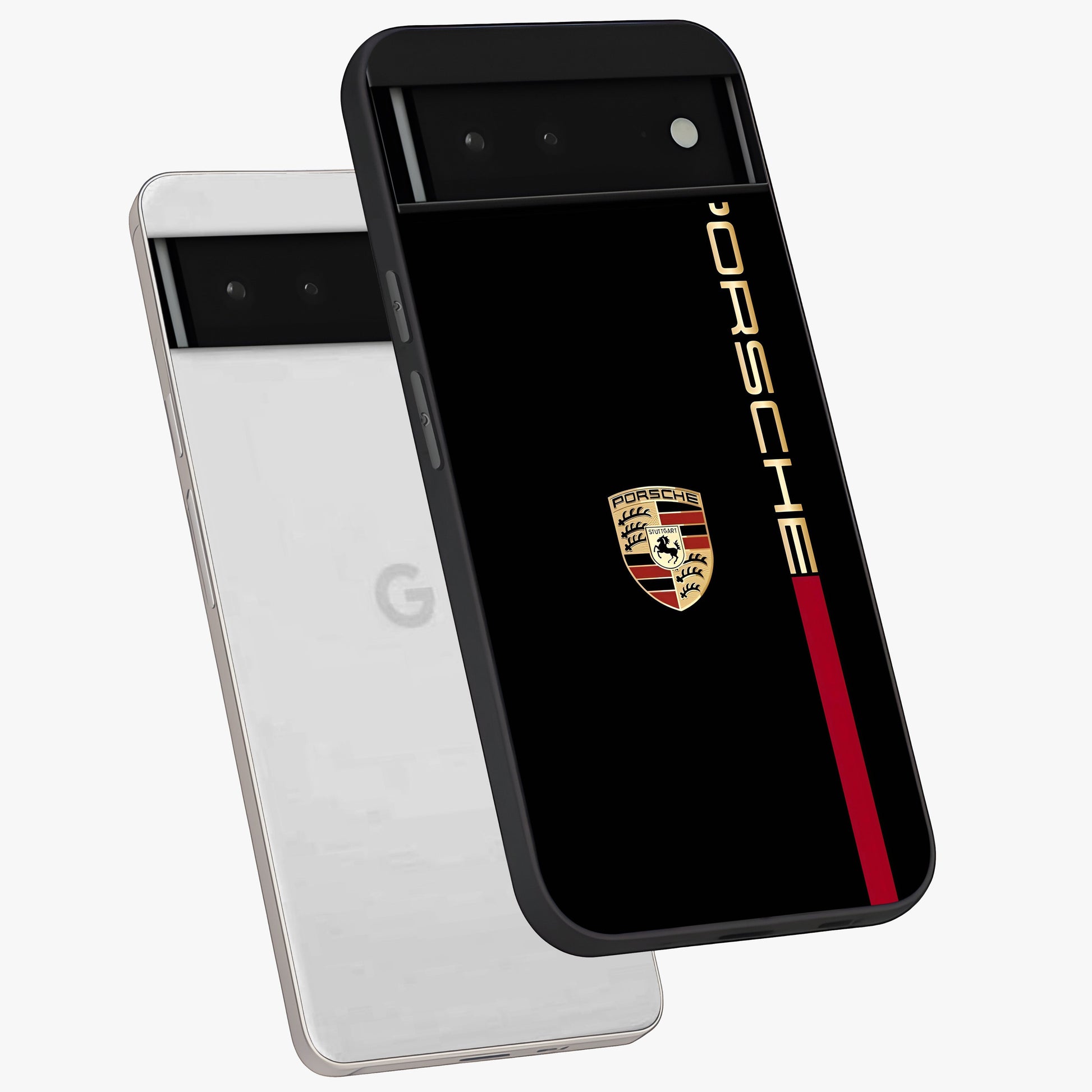 Black Minimal Porsche Glass Case displayed in angled mockup highlighting modern minimal car illustration and clean aesthetic design.