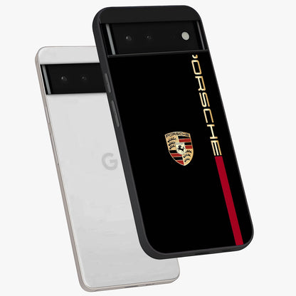 Black Minimal Porsche Glass Case displayed in angled mockup highlighting modern minimal car illustration and clean aesthetic design.