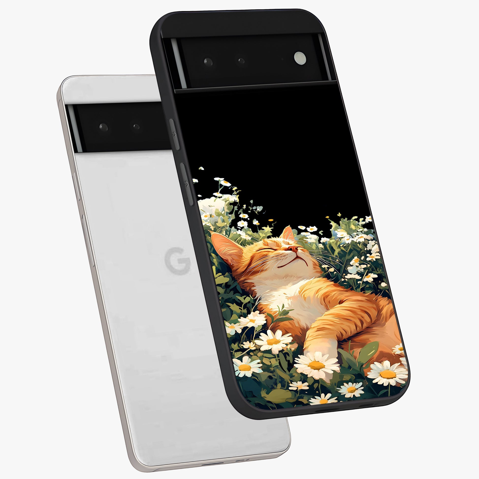 Blissful Bloom Cat Glass Case displayed in angled mockup highlighting playful feline illustration with soft floral aesthetic.