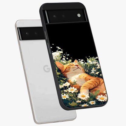 Blissful Bloom Cat Glass Case displayed in angled mockup highlighting playful feline illustration with soft floral aesthetic.