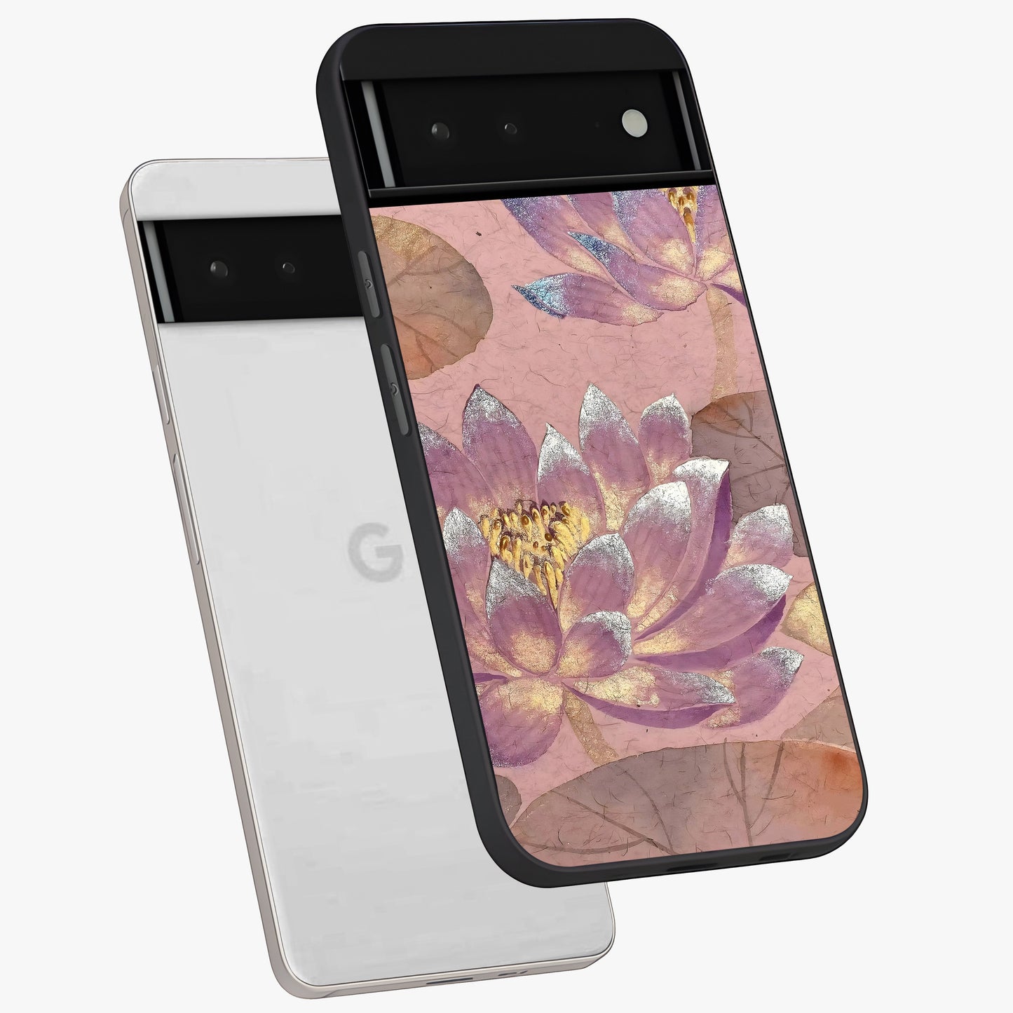 Blossom Mist Lotus Glass Case displayed in angled mockup highlighting delicate lotus illustration with calm aesthetic theme.
