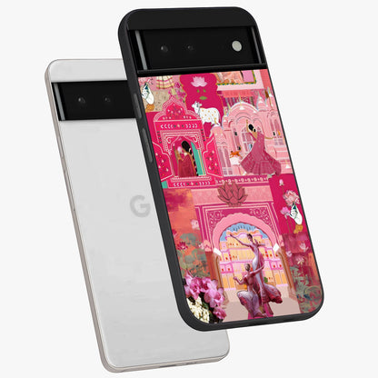 Blossoms of Rajasthan Glass Case displayed in angled mockup highlighting vibrant floral pattern with cultural aesthetic style.
