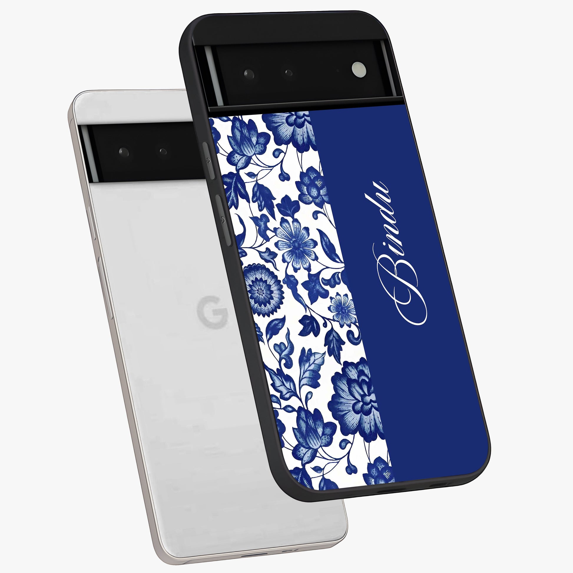 Blue Vintage Floral Pattern Glass Case displayed in angled mockup highlighting subtle bloom pattern with aesthetic pastel design.