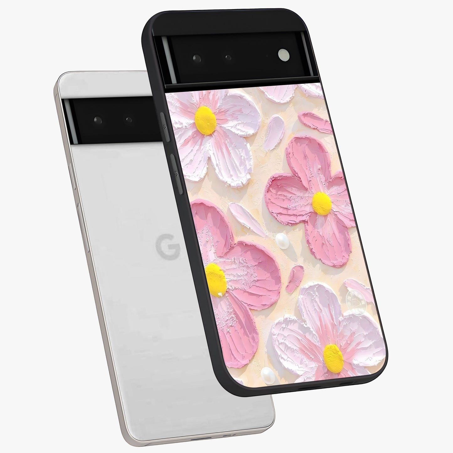 Blush Bloom Texture Glass Case displayed in angled mockup highlighting subtle bloom pattern with aesthetic pastel design.