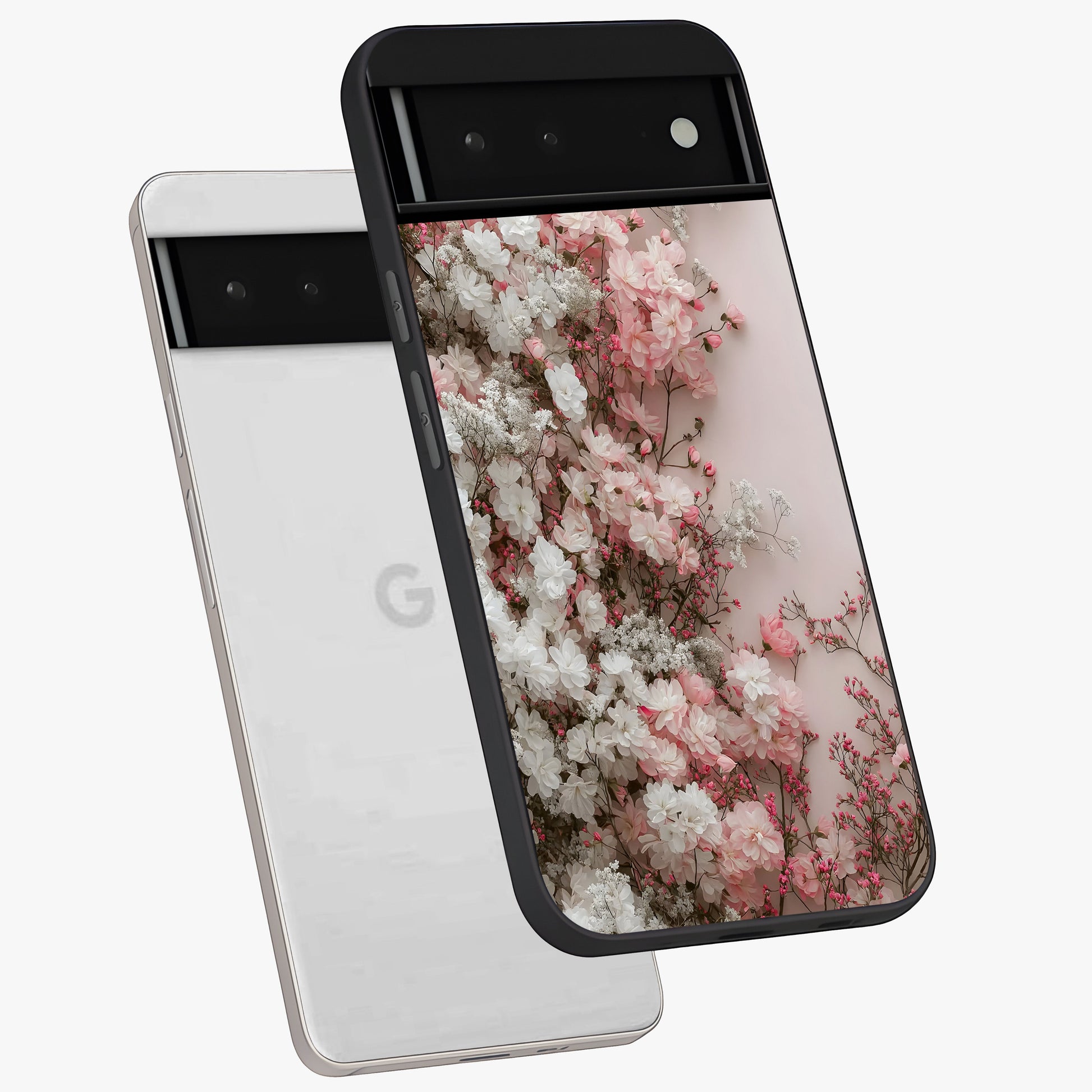 Blush Blossom Cloud Glass Case displayed in angled mockup highlighting soft cloud and blossom design with pastel aesthetic.