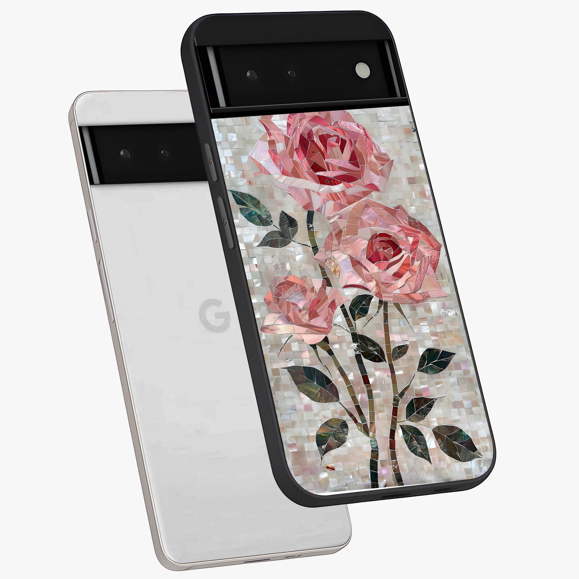 Blush Mosaic Bloom Glass Case displayed in angled mockup highlighting artistic mosaic flower pattern with aesthetic design.