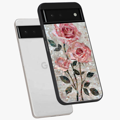 Blush Mosaic Bloom Glass Case displayed in angled mockup highlighting artistic mosaic flower pattern with aesthetic design.