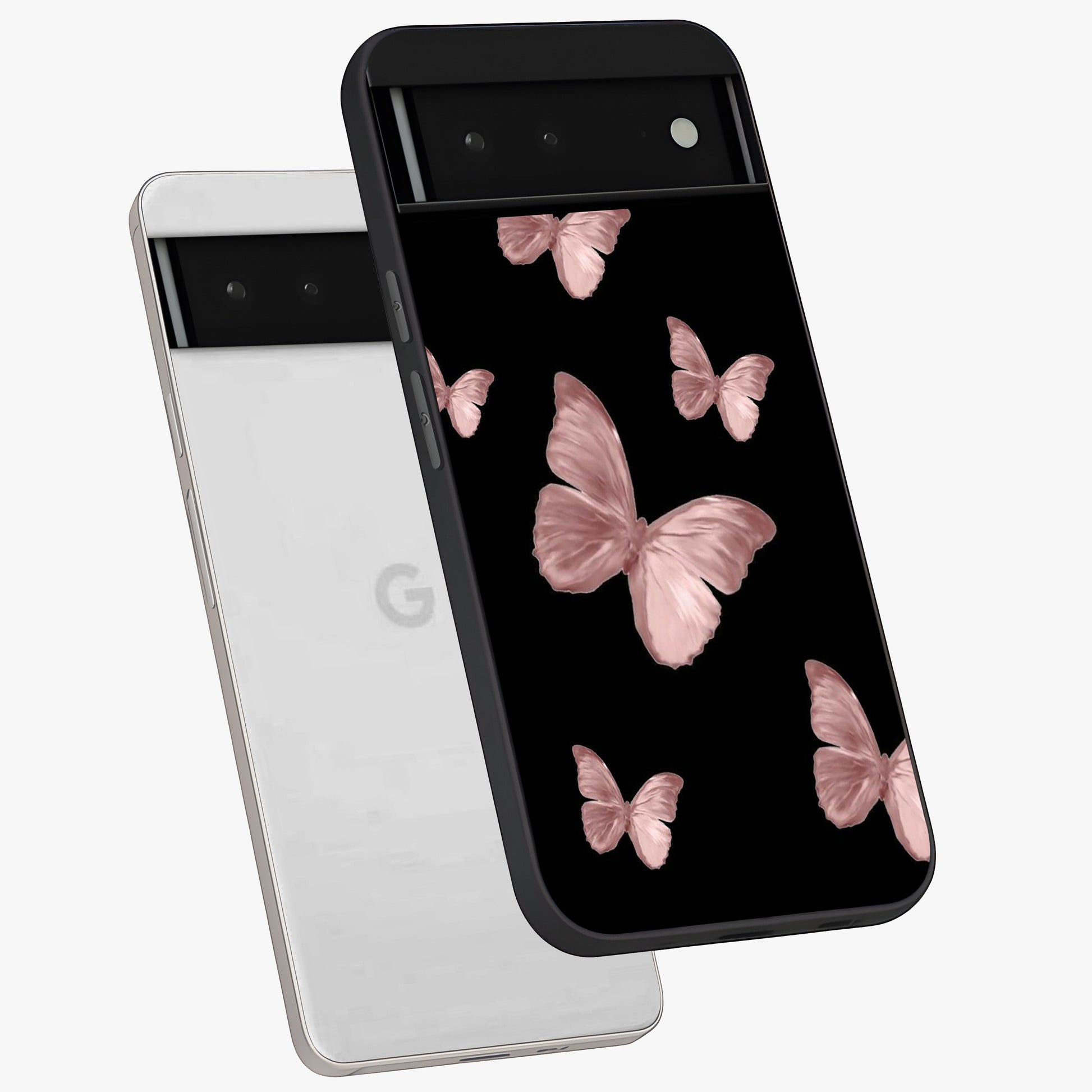 Butterfly Pattern Glass Case displayed in angled mockup highlighting delicate butterfly design and aesthetic pattern style.