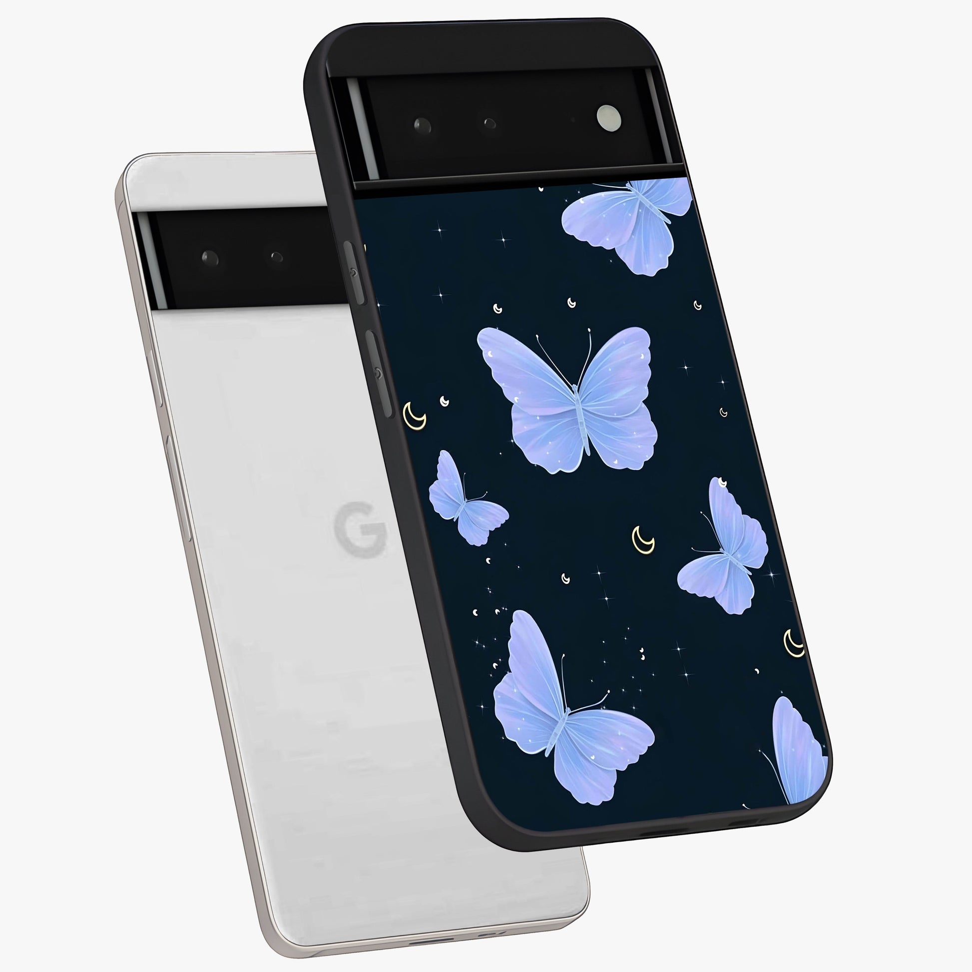 Butterfly With Stars Pattern Glass Case displayed in angled mockup highlighting dreamy butterfly and star design with aesthetic theme.