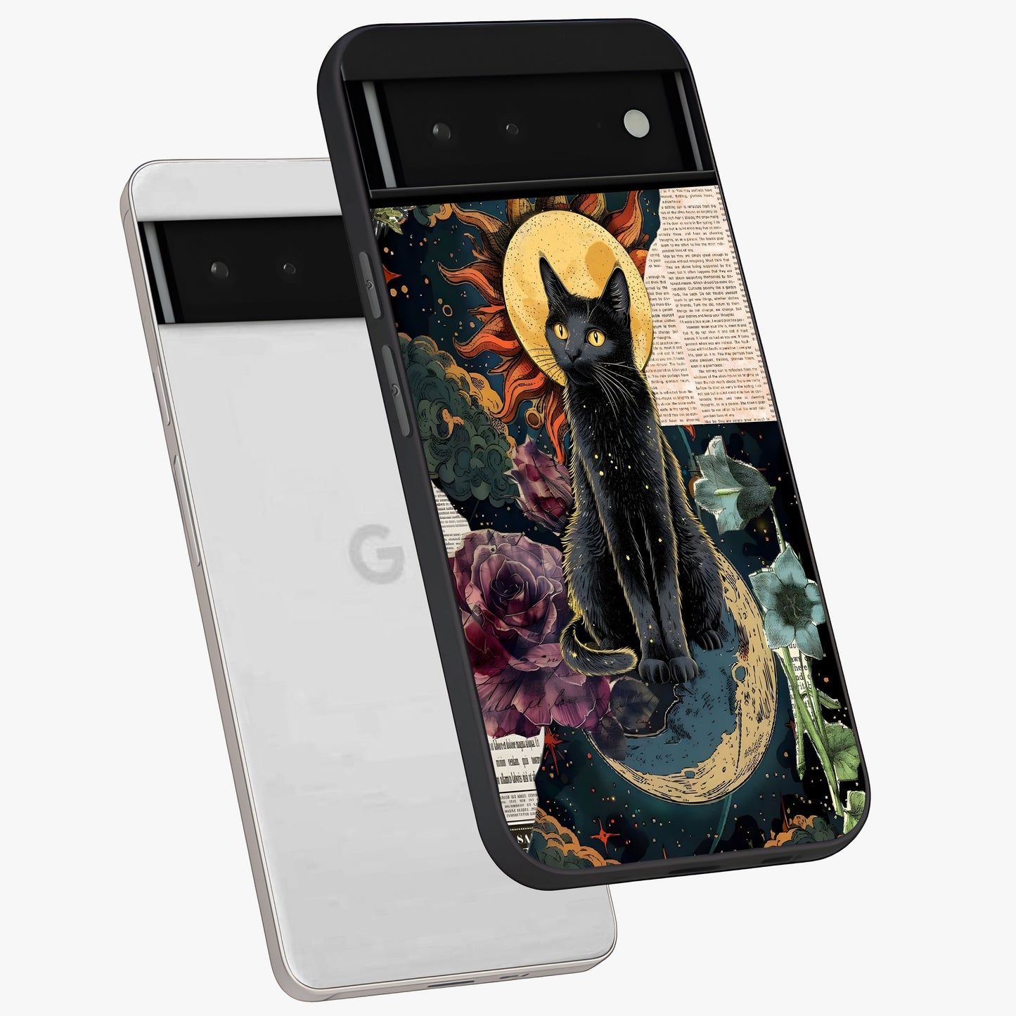 Celestial Black Cat Glass Case displayed in angled mockup highlighting cosmic black cat design with celestial aesthetic.