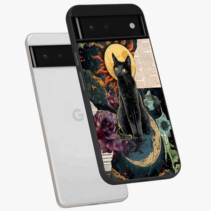 Celestial Black Cat Glass Case displayed in angled mockup highlighting cosmic black cat design with celestial aesthetic.