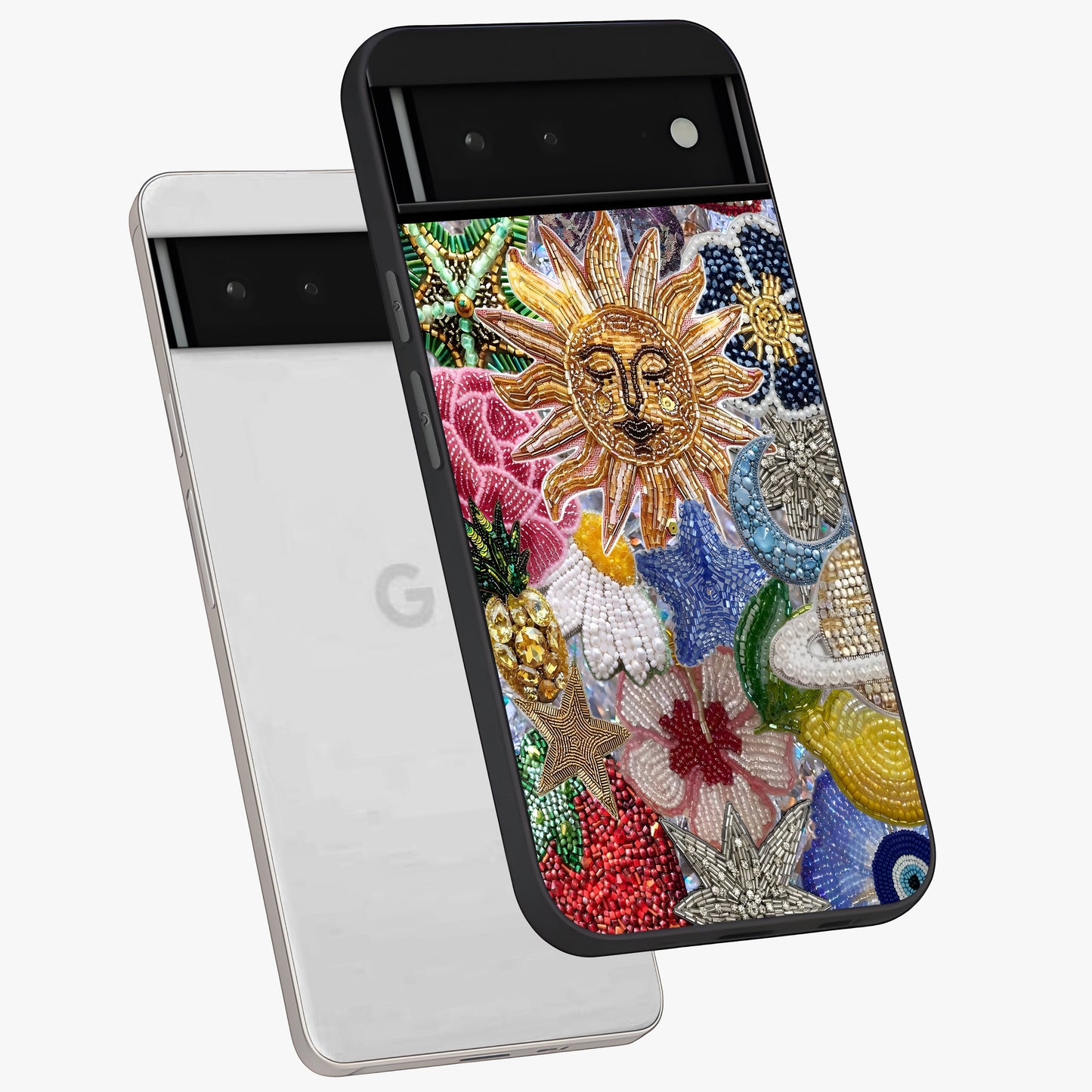 Celestial Floral and Playful Glass Case displayed in angled mockup highlighting playful floral design with dreamy celestial elements.