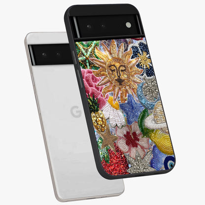 Celestial Floral and Playful Glass Case displayed in angled mockup highlighting playful floral design with dreamy celestial elements.