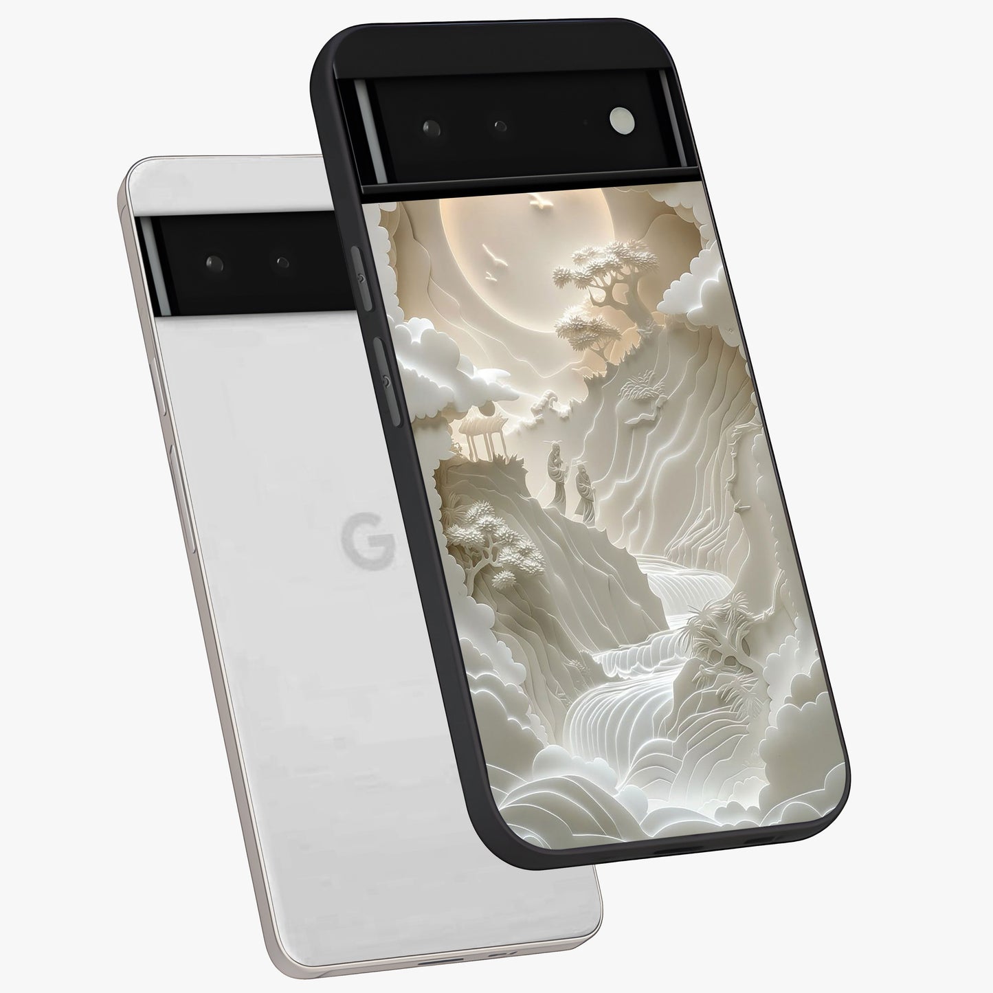 Celestial Origami Glass Case displayed in angled mockup highlighting geometric origami design with cosmic aesthetic theme.