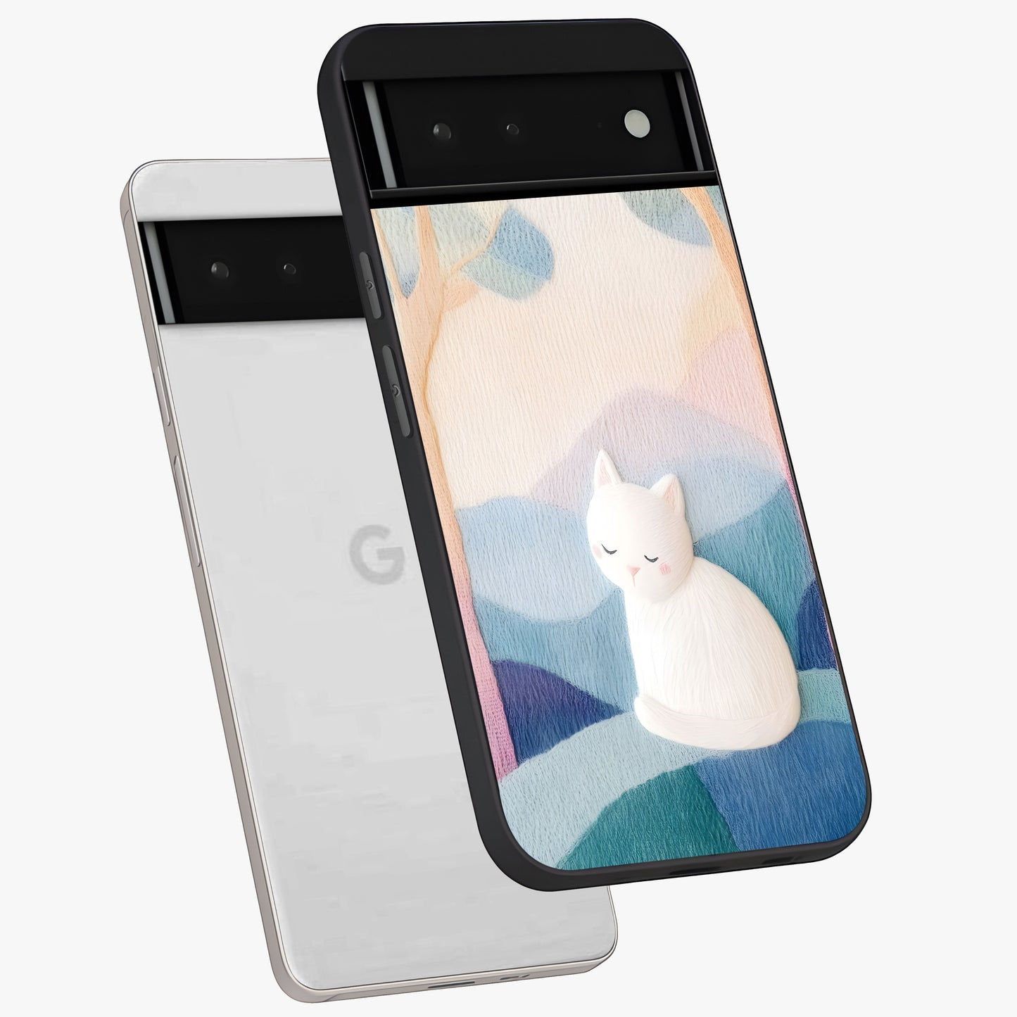 Cotton Dream Cat Glass Case displayed in angled mockup highlighting cute feline illustration with pastel aesthetic style.