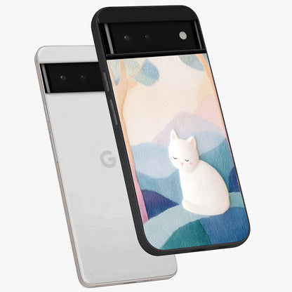 Cotton Dream Cat Glass Case displayed in angled mockup highlighting cute feline illustration with pastel aesthetic style.