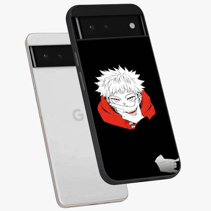 Crimson Chaos Smile Glass Case displayed in angled mockup highlighting edgy crimson smile design with graphic aesthetic.
