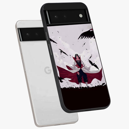 Crimson Crow Ascension Glass Case displayed in angled mockup highlighting powerful crow illustration with dark crimson aesthetic.