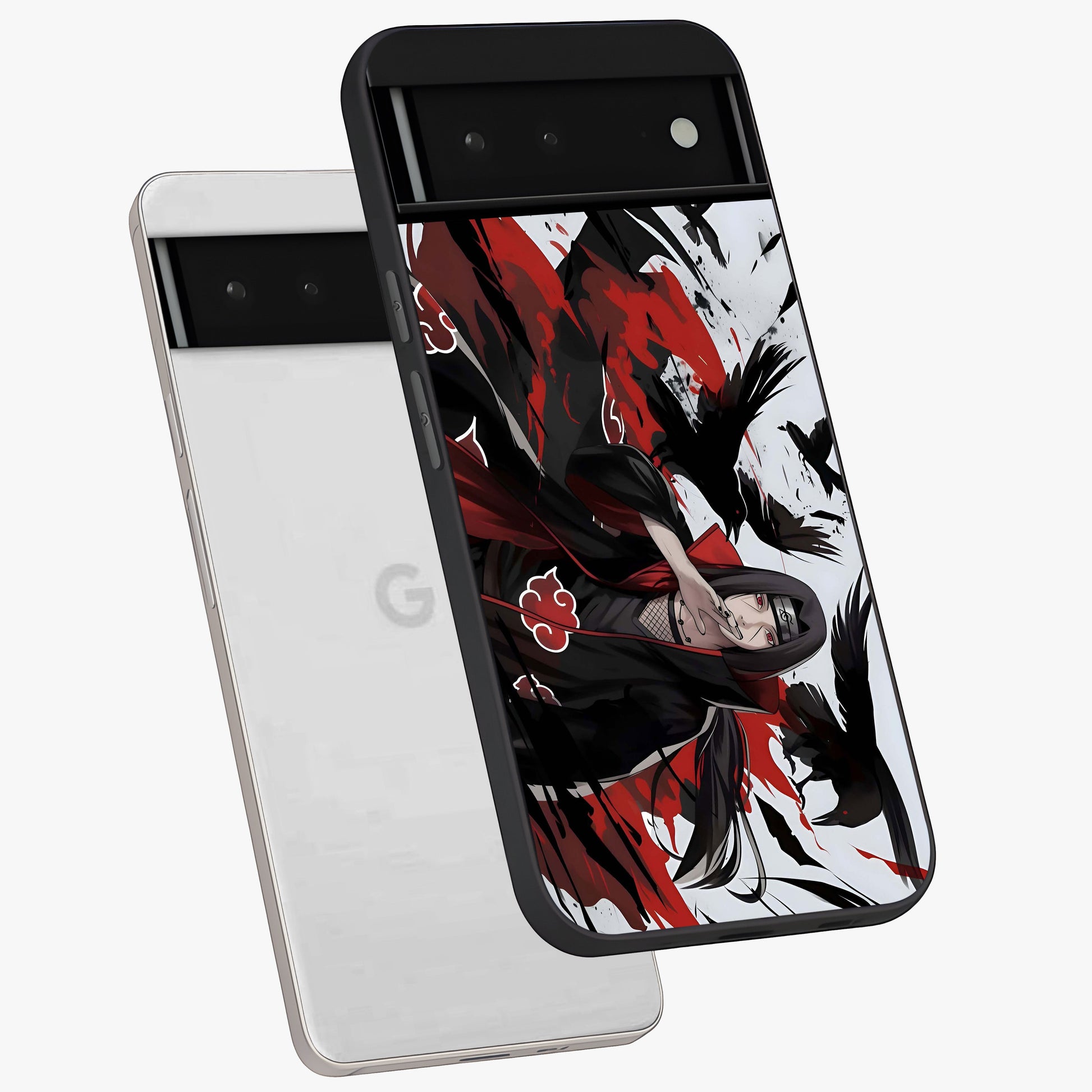 Crimson Crow Illusion Glass Case displayed in angled mockup highlighting mysterious crow graphic with dark aesthetic style.