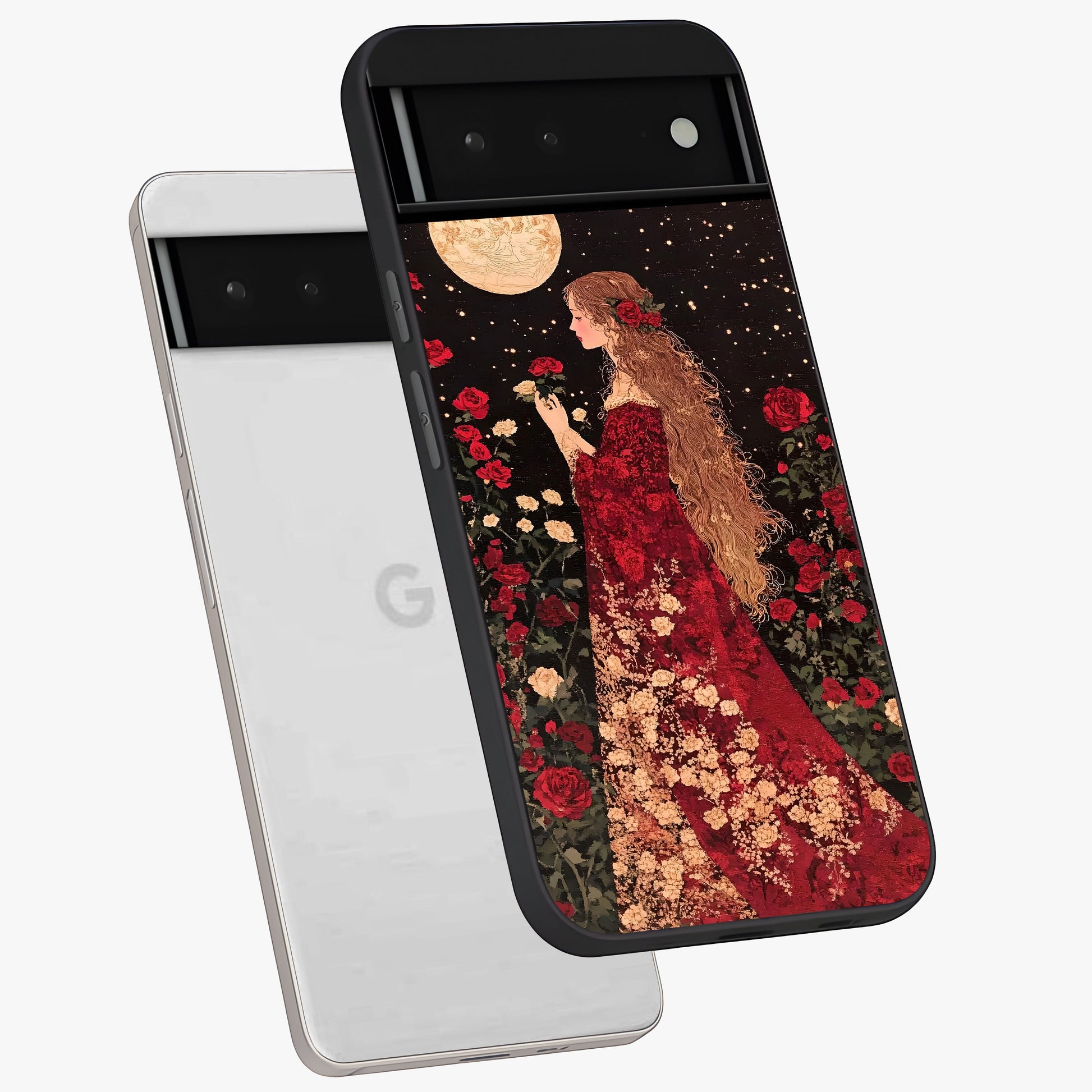 Crimson Dreams Glass Case displayed in angled mockup highlighting soft crimson aesthetic design with artistic theme.