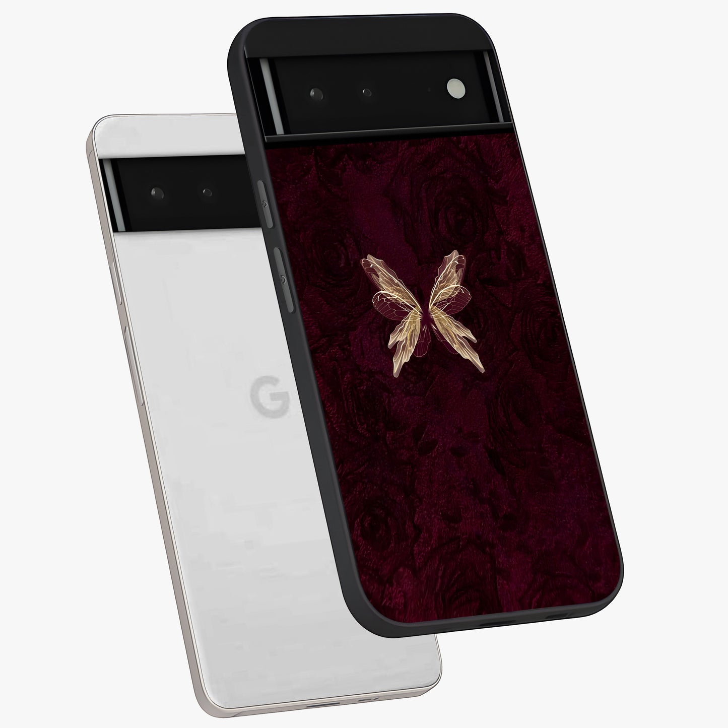 Crimson Fade Butterfly Glass Case displayed in angled mockup highlighting elegant butterfly design with crimson gradient aesthetic.