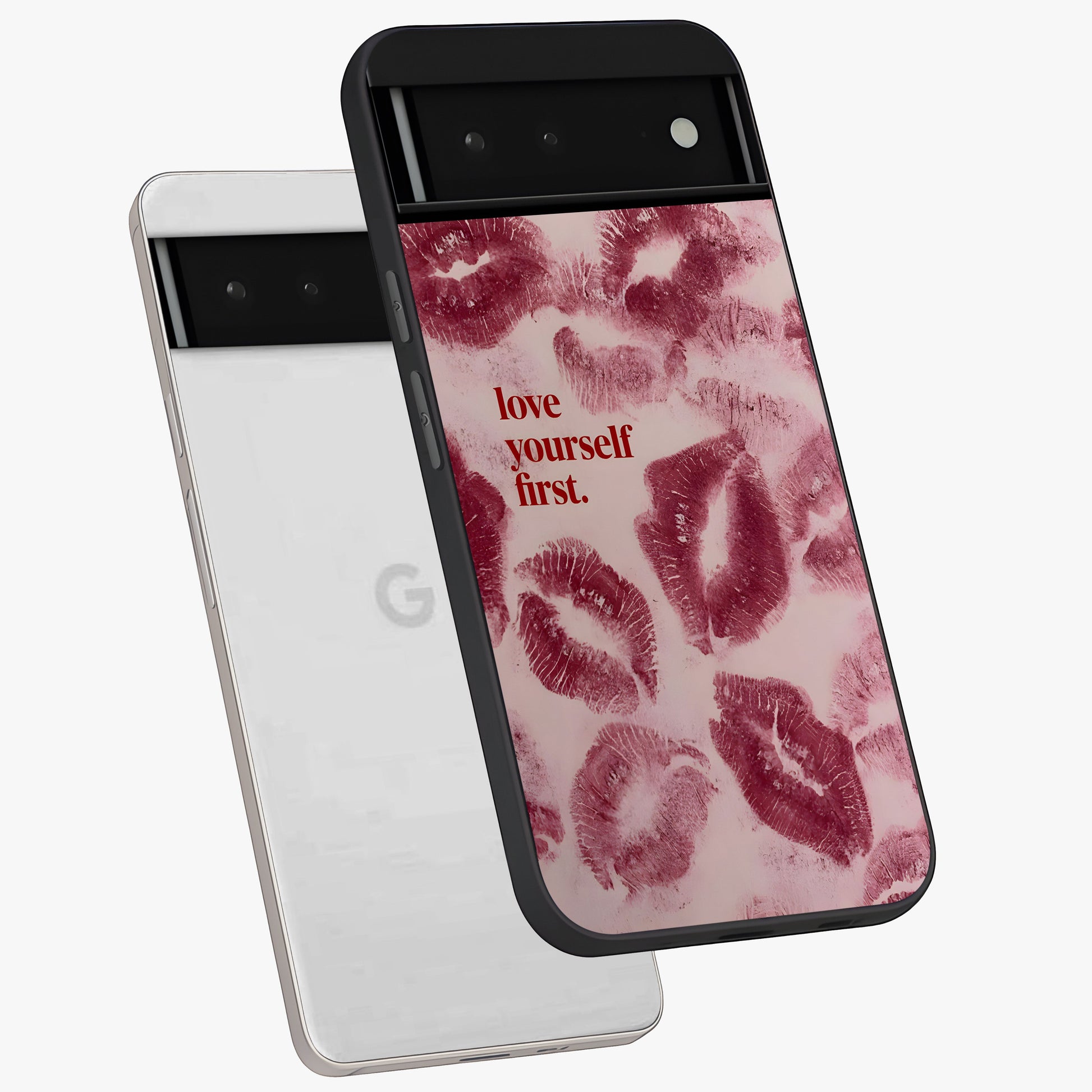 Crimson Kiss Love Glass Case displayed in angled mockup highlighting bold love inspired design with modern aesthetic style.