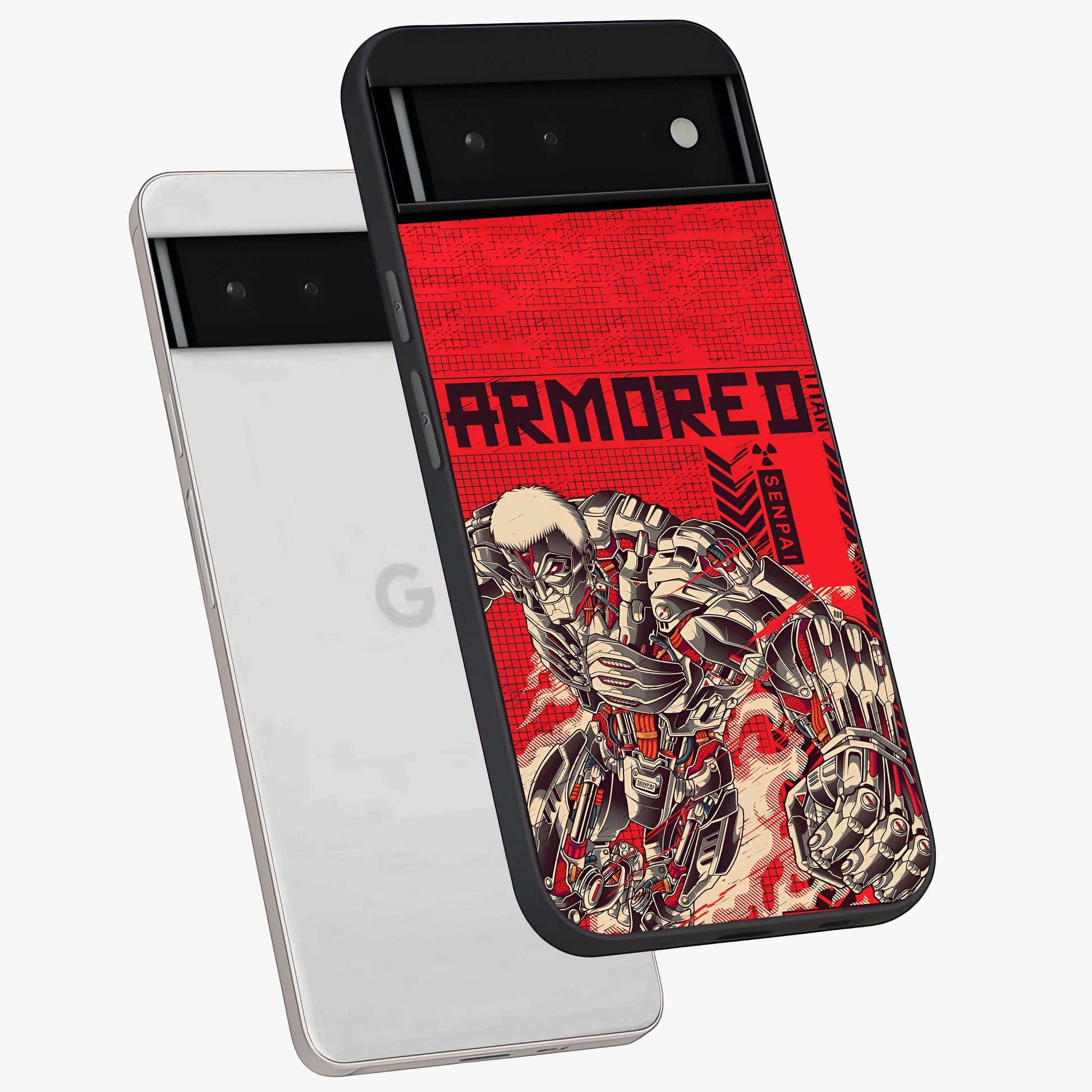 Crimson Mecha Titan Glass Case displayed in angled mockup highlighting futuristic mech illustration with bold crimson aesthetic.