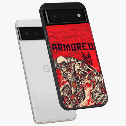 Crimson Mecha Titan Glass Case displayed in angled mockup highlighting futuristic mech illustration with bold crimson aesthetic.