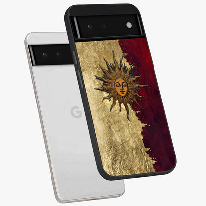Crimson Sun Majesty Glass Case displayed in angled mockup highlighting majestic crimson sun design with bold aesthetic style.