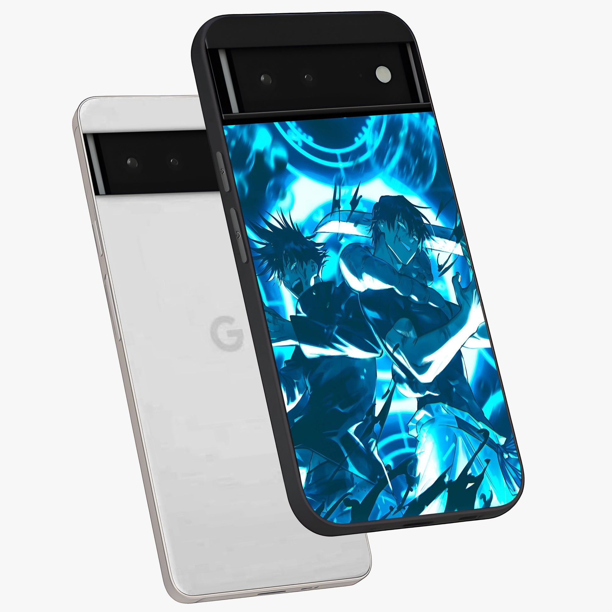 Cursed Energy Clash Glass Case displayed in angled mockup highlighting powerful battle inspired graphic with anime style aesthetic.