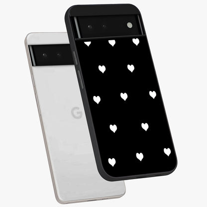 Cute And Simple White Hearts Glass Case displayed in angled mockup highlighting cute heart design with clean aesthetic style.