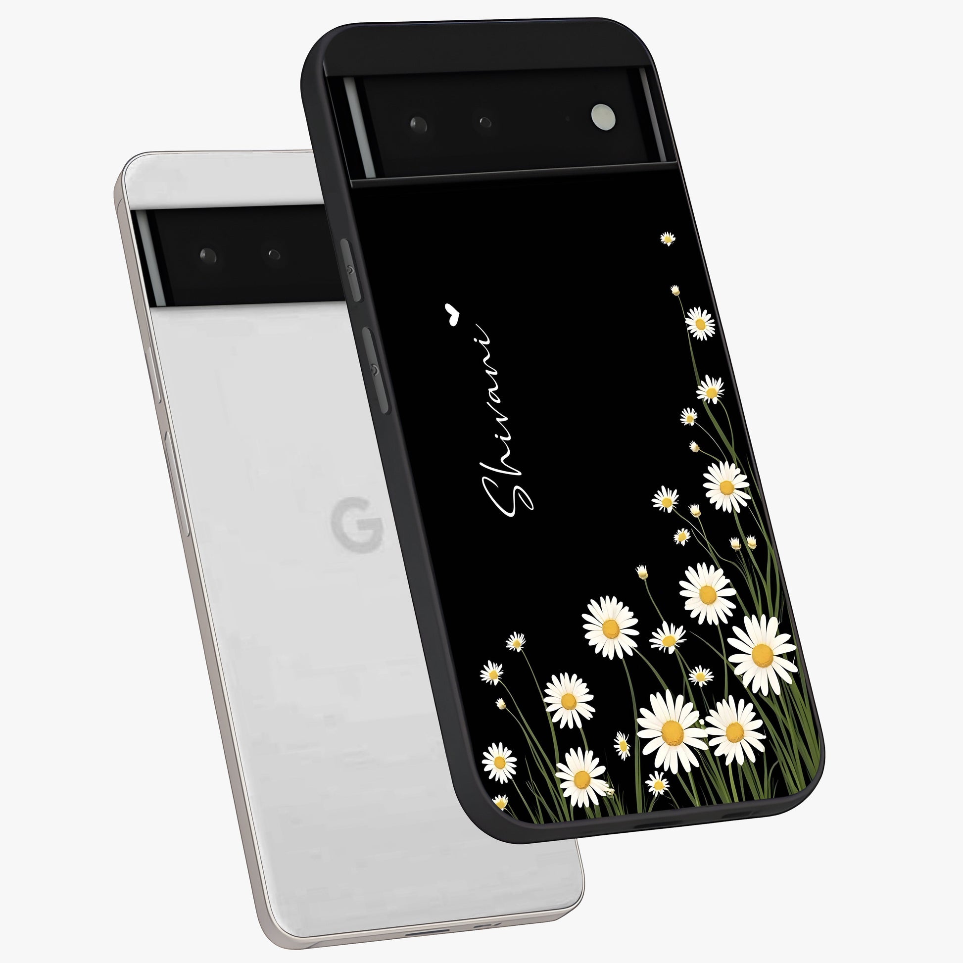 Daisy Cascade Custom Name Glass Case displayed in angled mockup highlighting delicate daisy artwork with custom name feature.