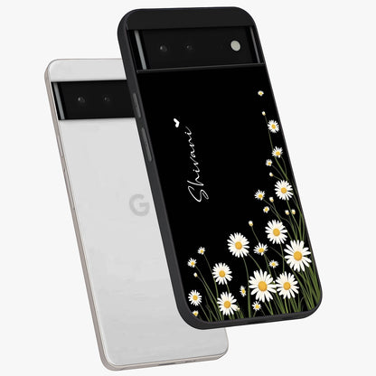 Daisy Cascade Custom Name Glass Case displayed in angled mockup highlighting delicate daisy artwork with custom name feature.