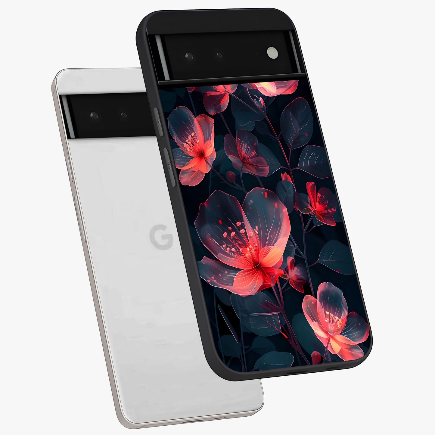 Dark Shade of Flower Glass Case displayed in angled mockup highlighting moody floral illustration with aesthetic dark tones.
