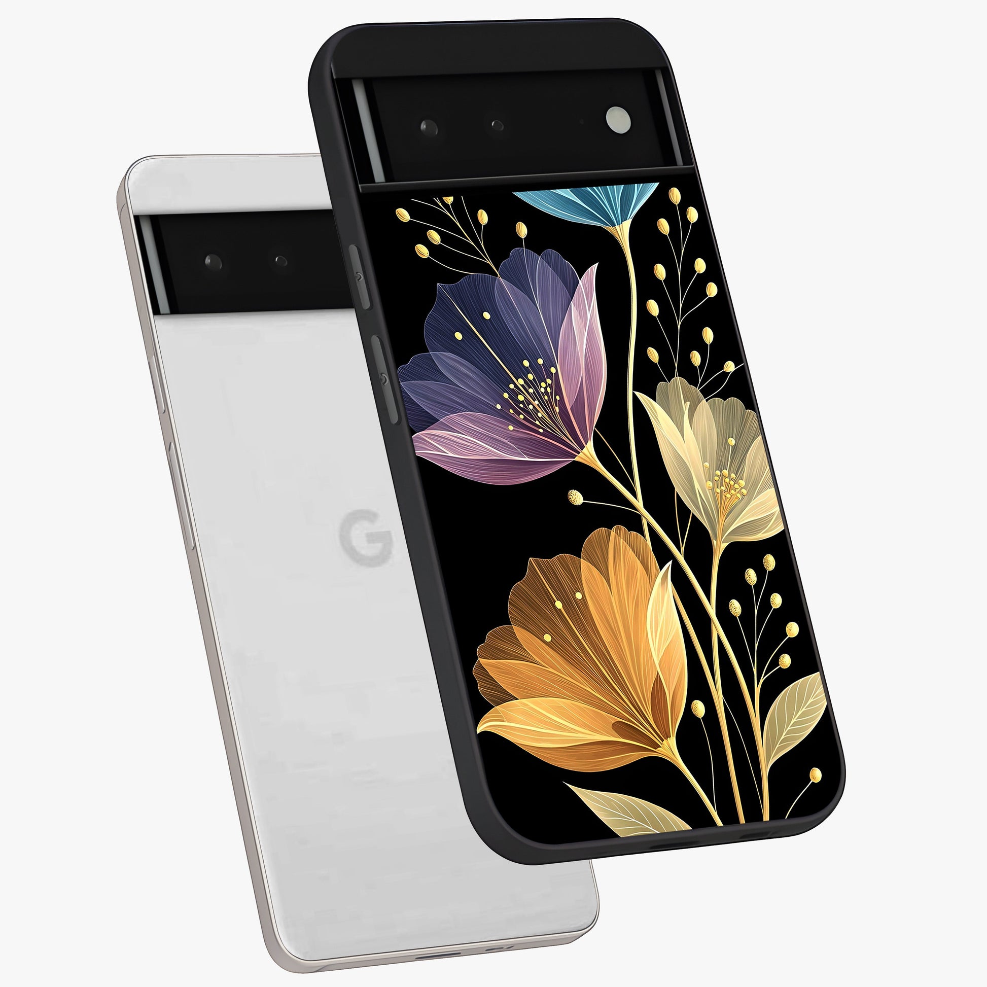 Delicate Multicolor Flowers Glass Case displayed in angled mockup highlighting colorful flower pattern with soft aesthetic style.