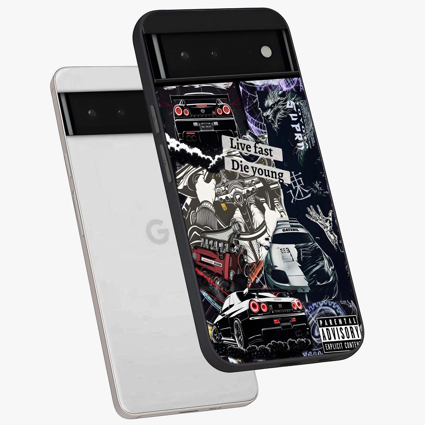 Die Young Glass Case displayed in angled mockup highlighting expressive graphic artwork with edgy aesthetic style.