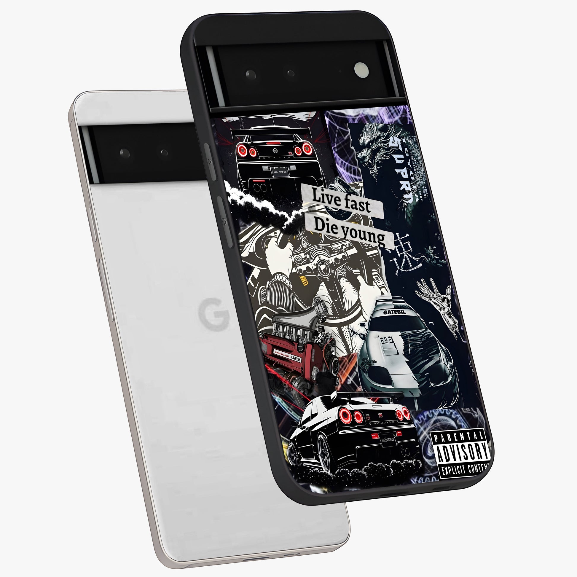 Die Young Glass Case displayed in angled mockup highlighting expressive graphic artwork with edgy aesthetic style.