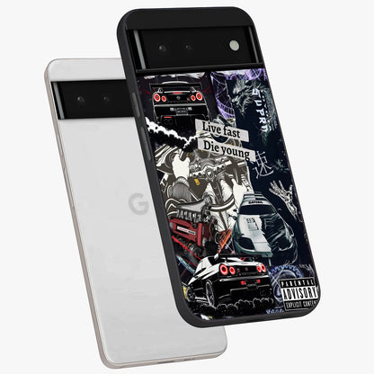 Die Young Glass Case displayed in angled mockup highlighting expressive graphic artwork with edgy aesthetic style.