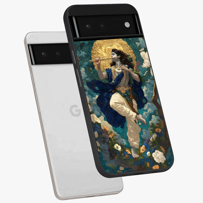 Divine Krishna Art Glass Case displayed in angled mockup highlighting spiritual Krishna illustration with devotional aesthetic.