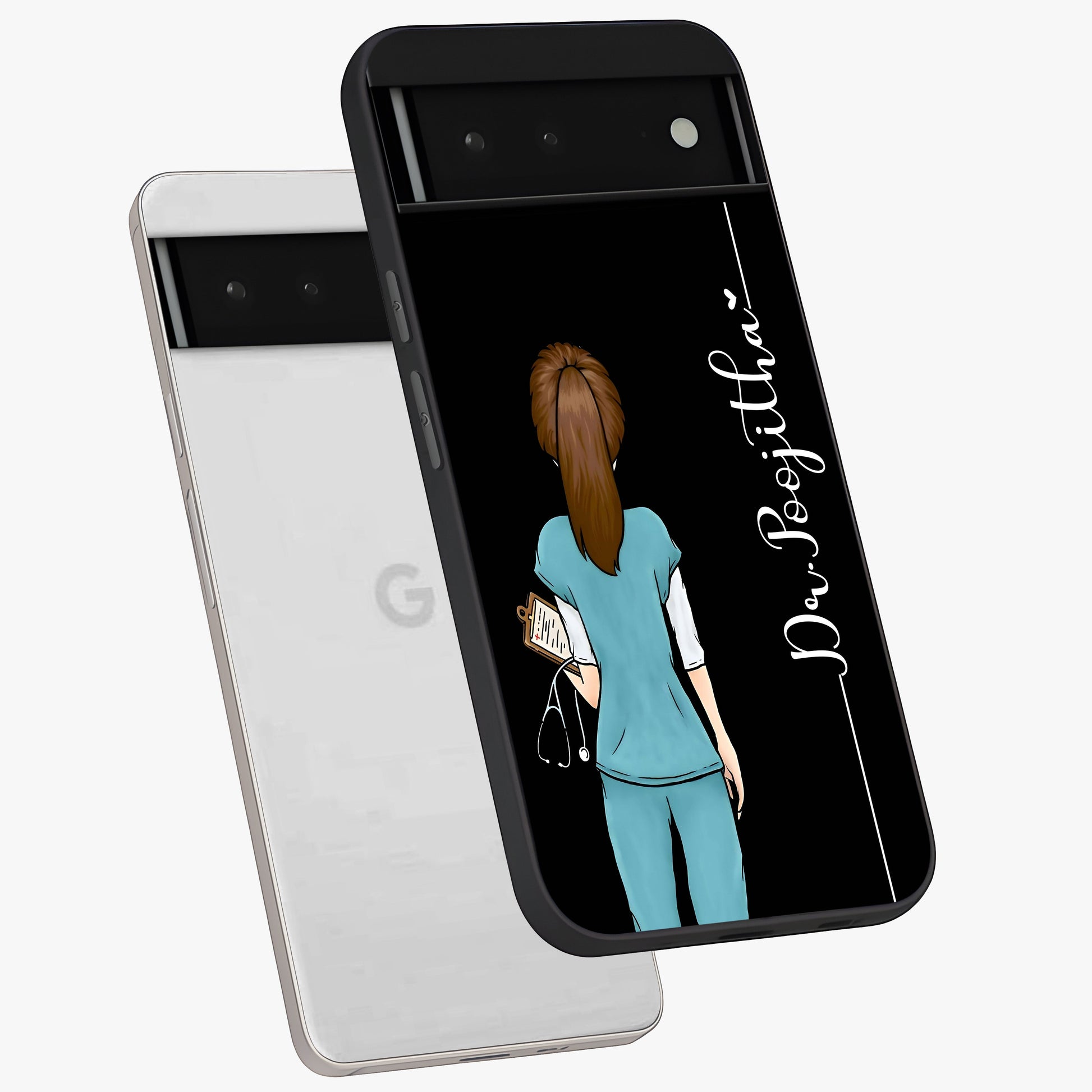 Doctor Pattern Custom Name Glass Case displayed in angled mockup highlighting doctor inspired artwork with custom name feature.
